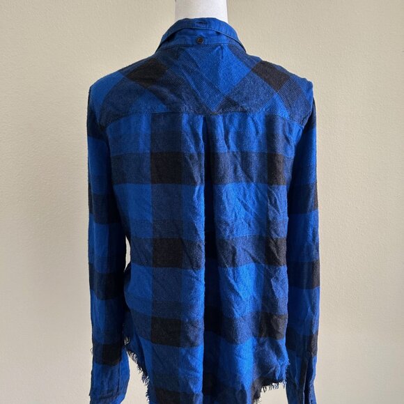 Cloth & Stone Shirt Blue Black Plaid Raw Hem Roll Tab Sleeve Button Down SizeM - Picture 2 of 9